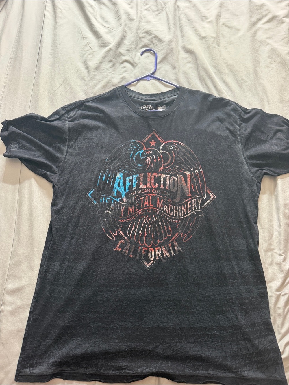 Affliction Black Graphic Tee with Red and Blue Eagle Print